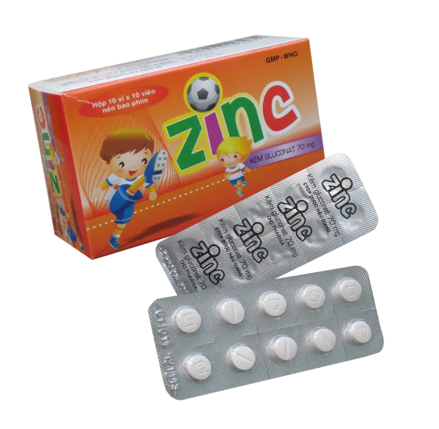 Zinc Kẽm Gluconat 70mg hộp 10 vỉ x 10 viên nén bao phim Hậu Giang