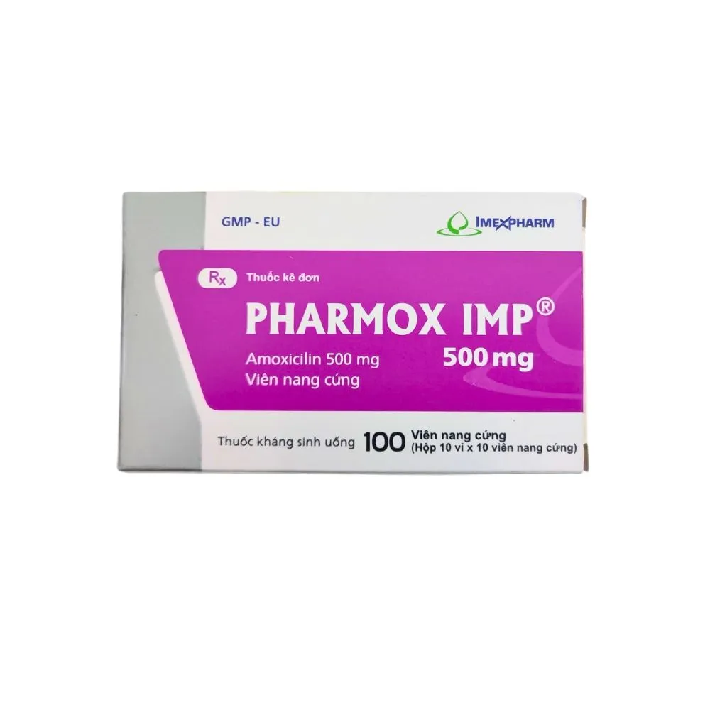 Pharmox IMP Amoxicillin 500mg màu tím hộp 10 vỉ x 10 viên nang Imexpharm